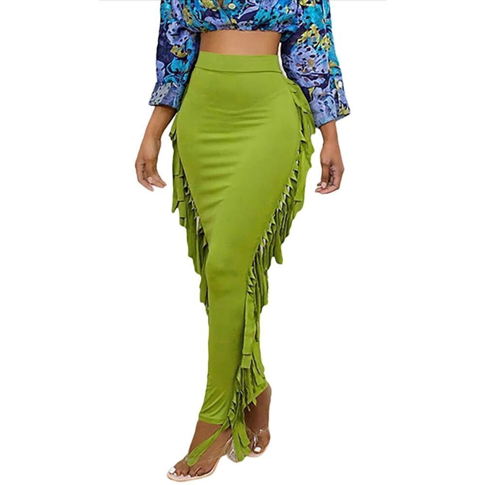 NEW LYANER Fringed Tassels Elastic Waist Slim Pencil Maxi Skirt L